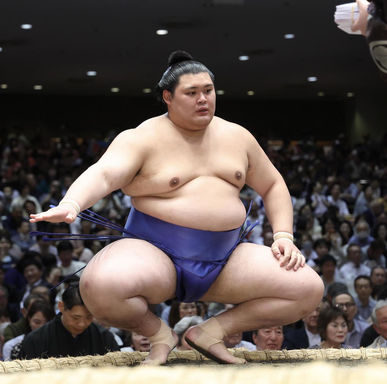 若元春を寄り切りで破り勝ち名乗りを受ける大の里（撮影・河田真司）