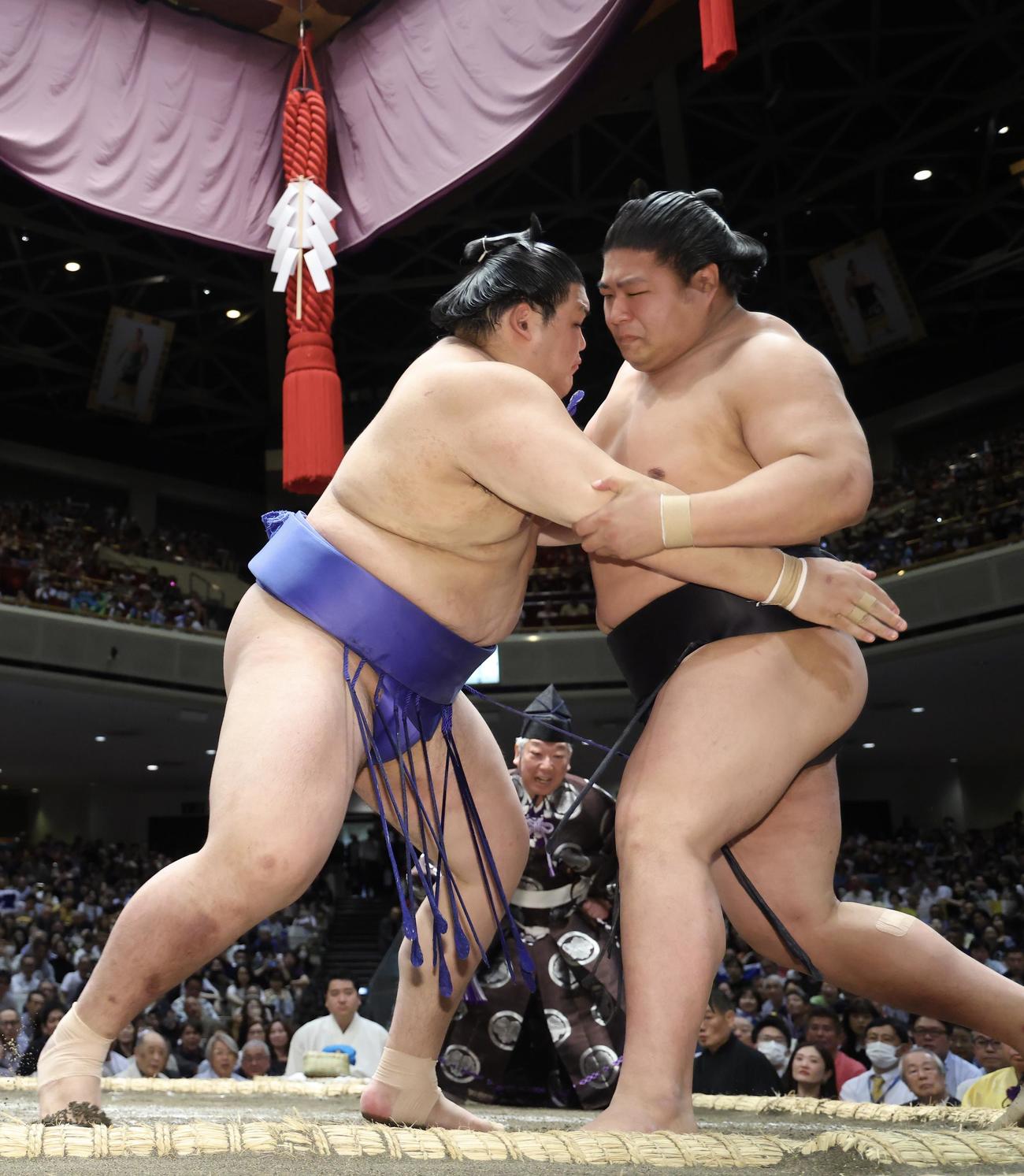 大の里（左）は若元春を寄り切りで破る（撮影・河田真司）