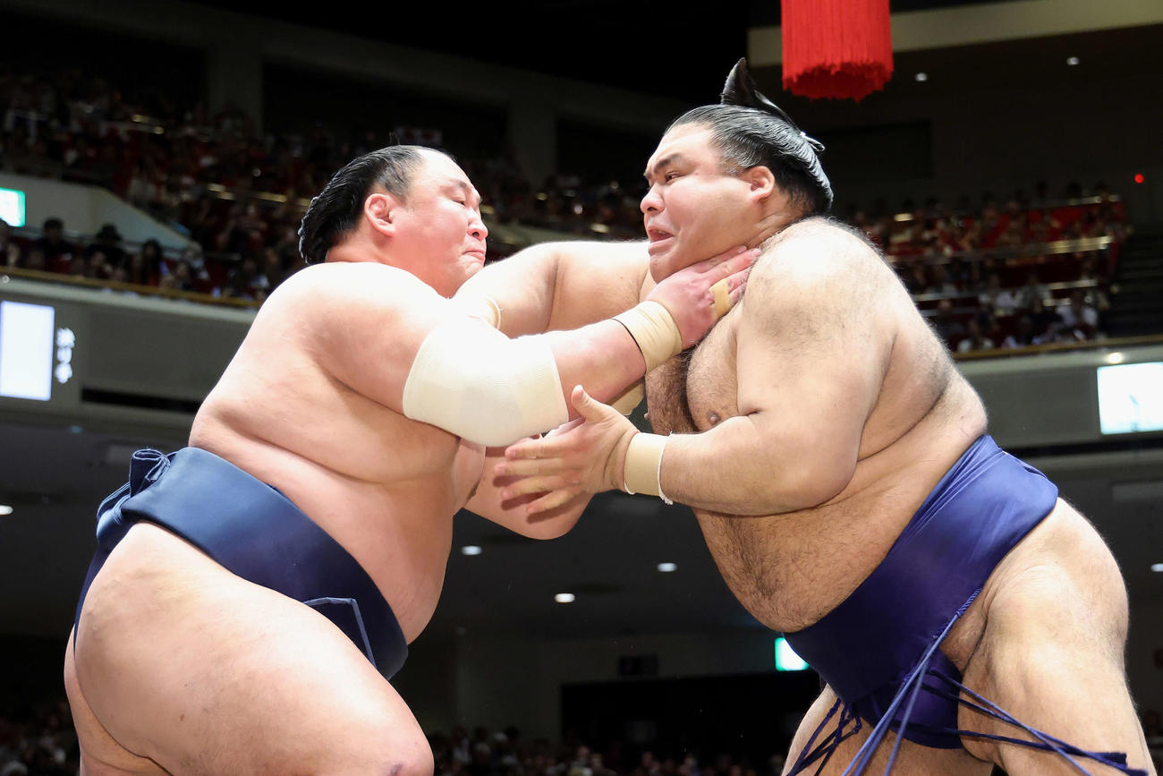 玉鷲（左）は高安をのど輪で攻める（撮影・河田真司）