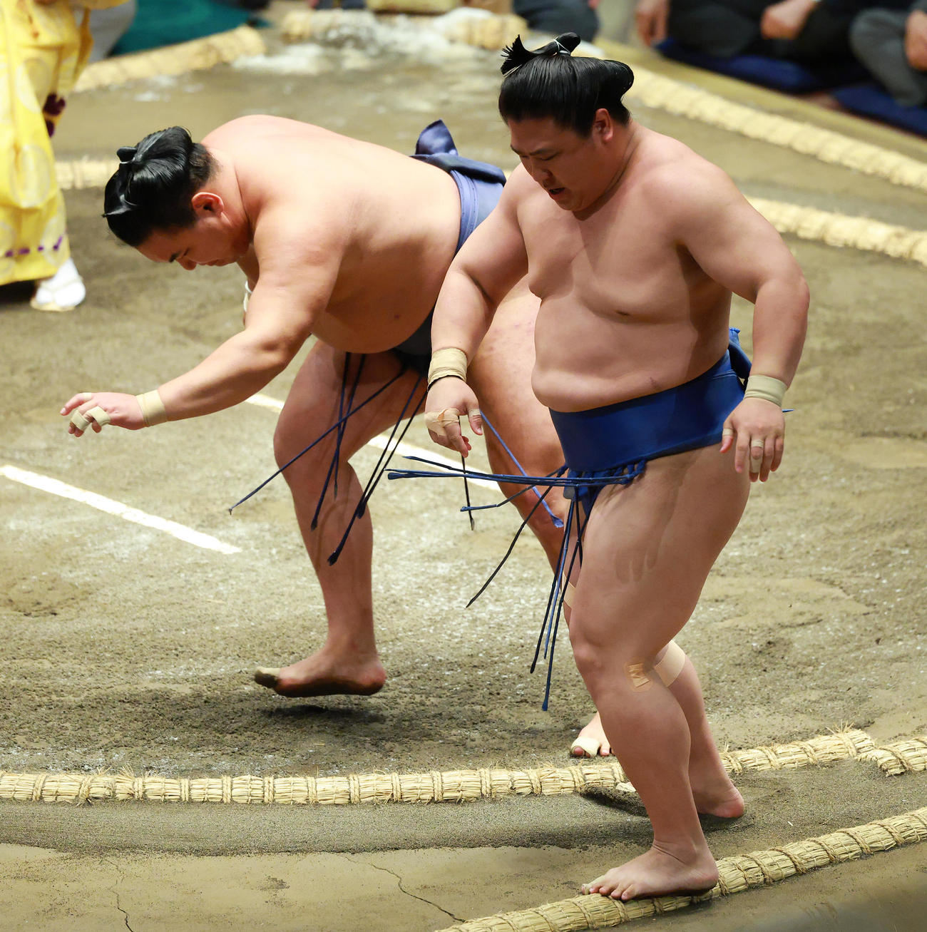若隆景（右）を押し出しで破る豊昇龍（撮影・中島郁夫）