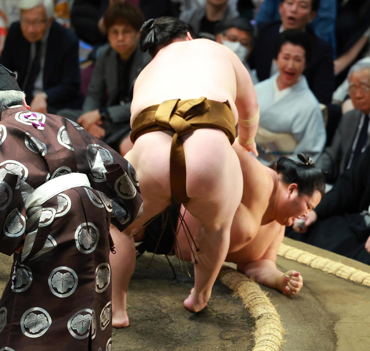 琴桜（右）を肩すかしで破る王鵬（撮影・中島郁夫）