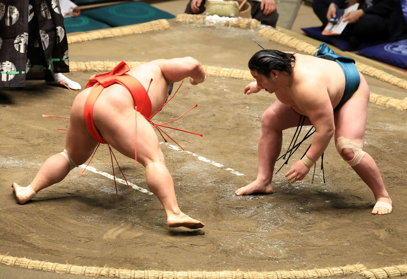 宮乃風（左）を押し倒しで破った三田（撮影・浅見桂子）