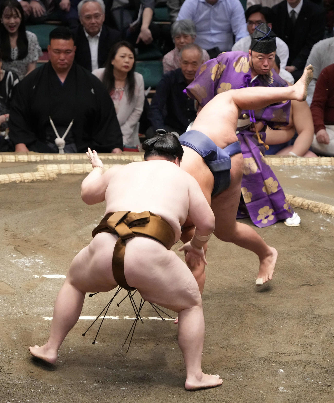 王鵬（手前左）は豊昇龍をはたき込みで破る（撮影・小沢裕）