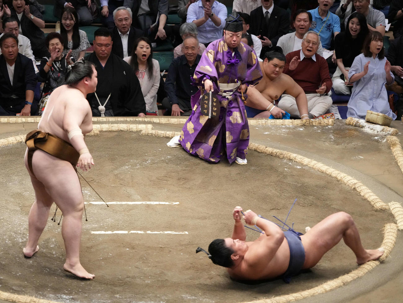 王鵬（左）は豊昇龍をはたき込みで破る（撮影・小沢裕）