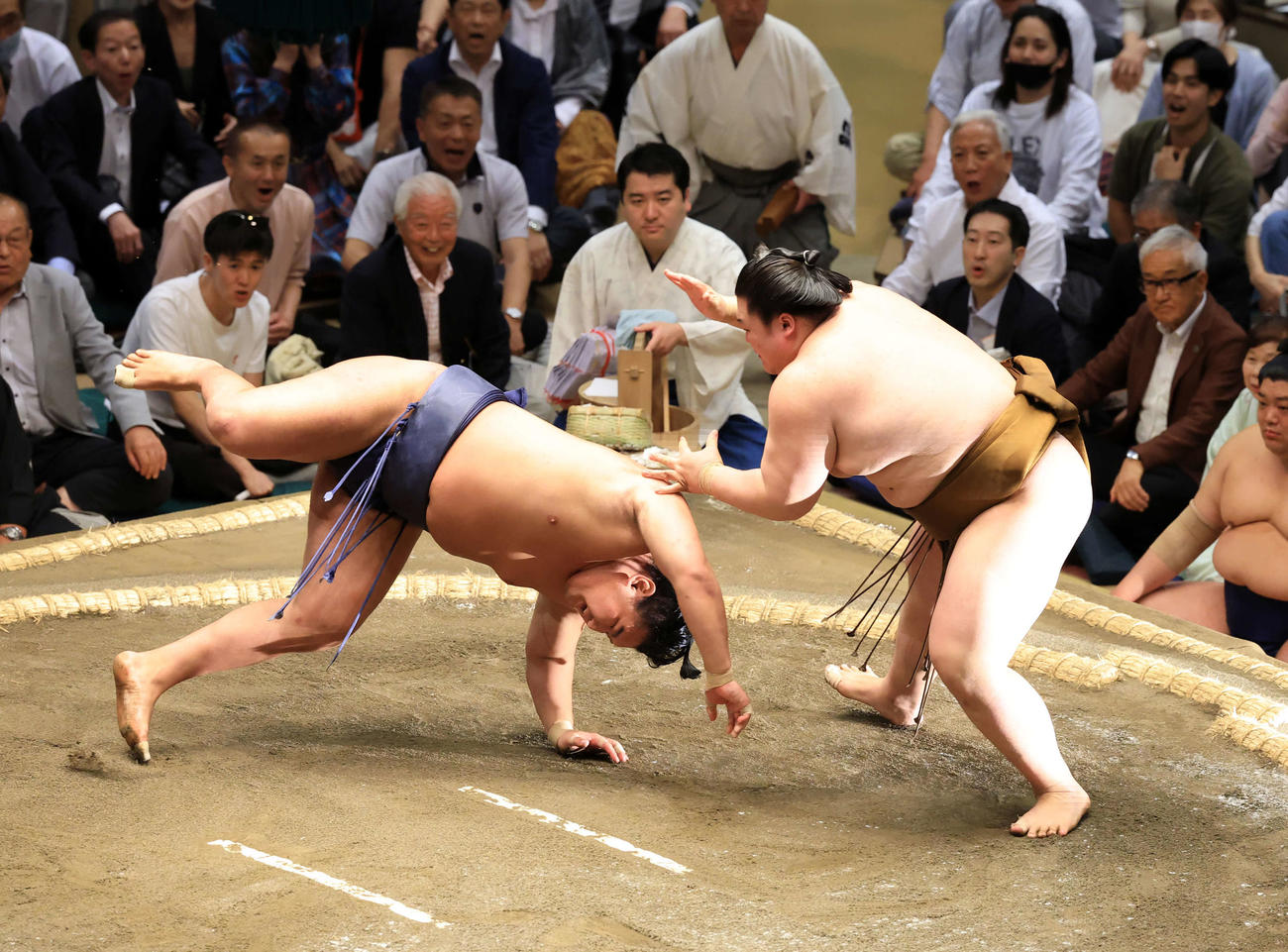 豊昇龍（左）をはたき込みで破る王鵬（撮影・浅見桂子）