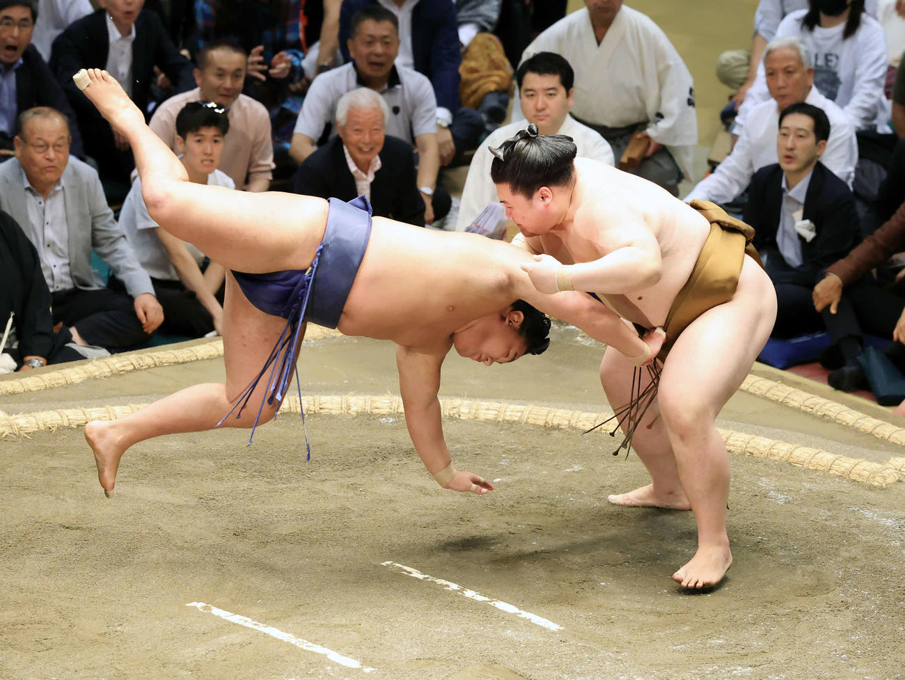 豊昇龍（左）をはたき込みで破る王鵬（撮影・浅見桂子）