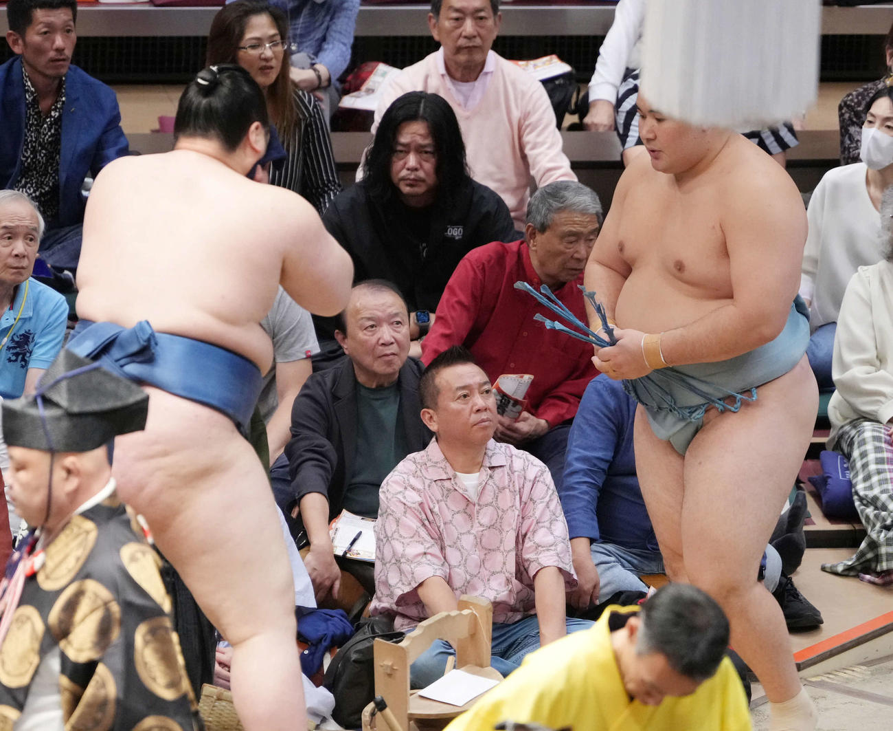 溜まり席で観戦する落語家の林家たい平（撮影・小沢裕）