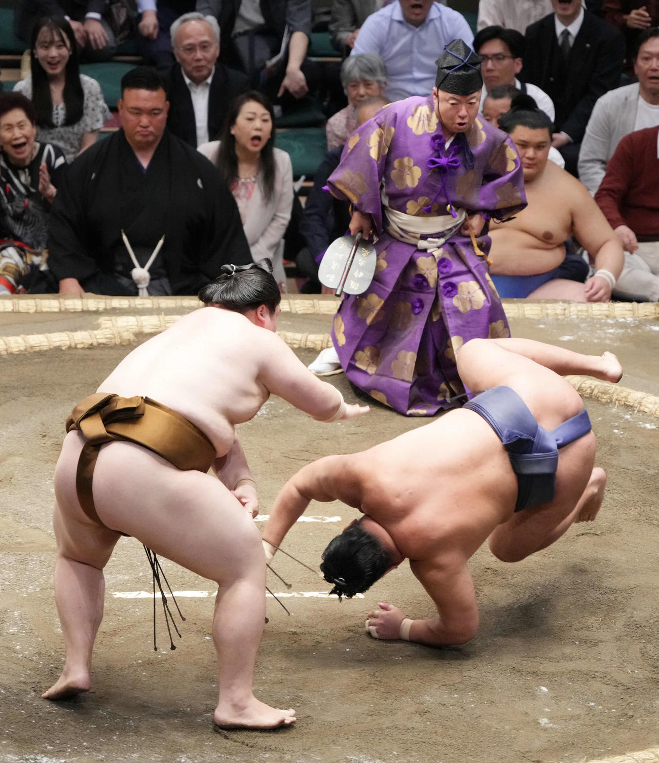 王鵬（左）は豊昇龍をはたき込みで破る（撮影・小沢裕）