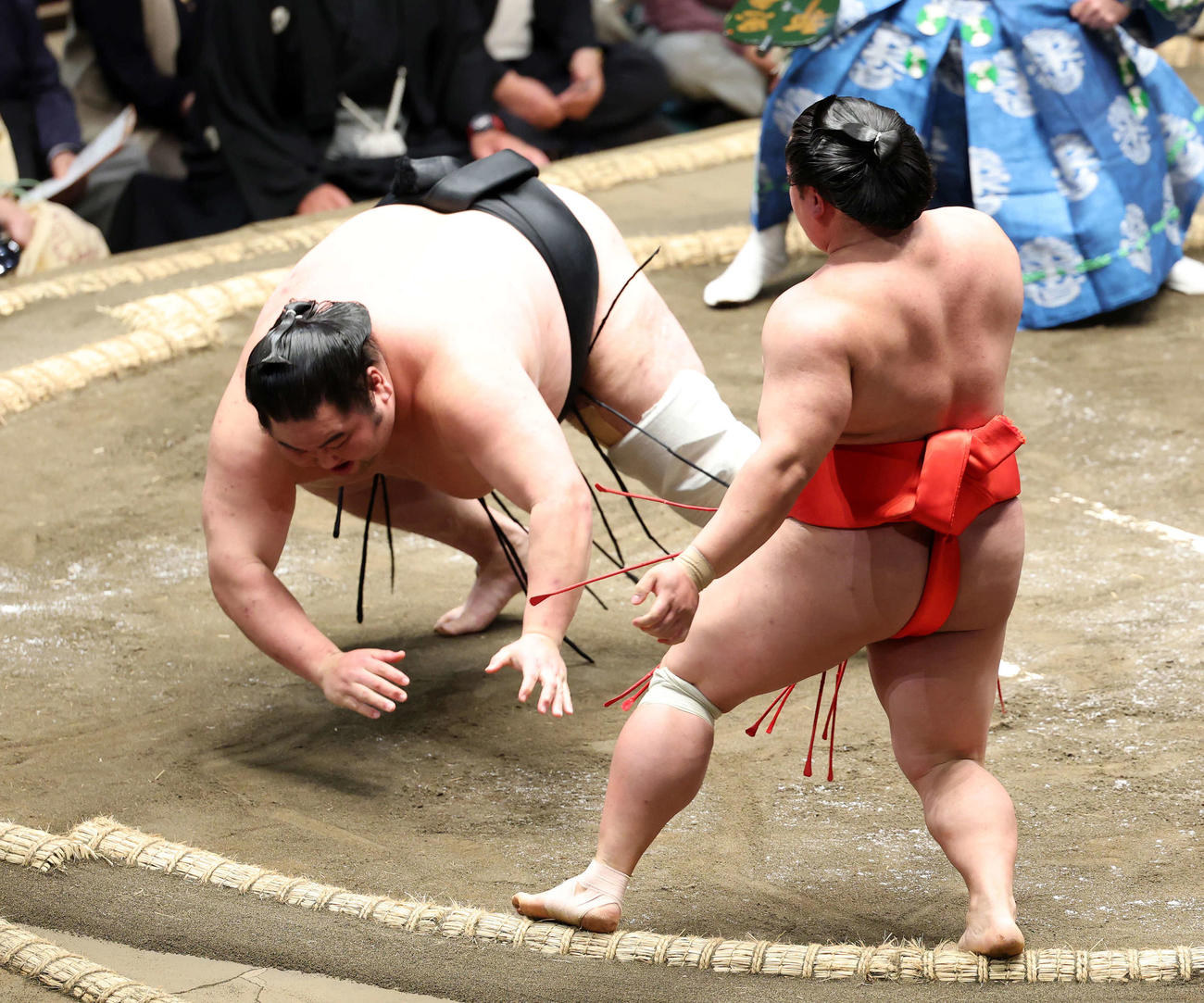 大奄美（左）を引き落としで破る宮乃風（撮影・鈴木正人）