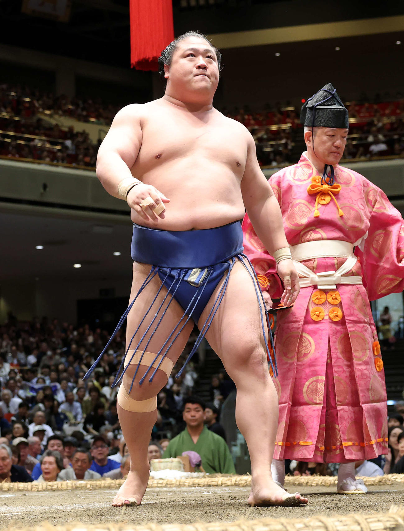 大栄翔を押し出しで破った若隆景（撮影・鈴木正人）