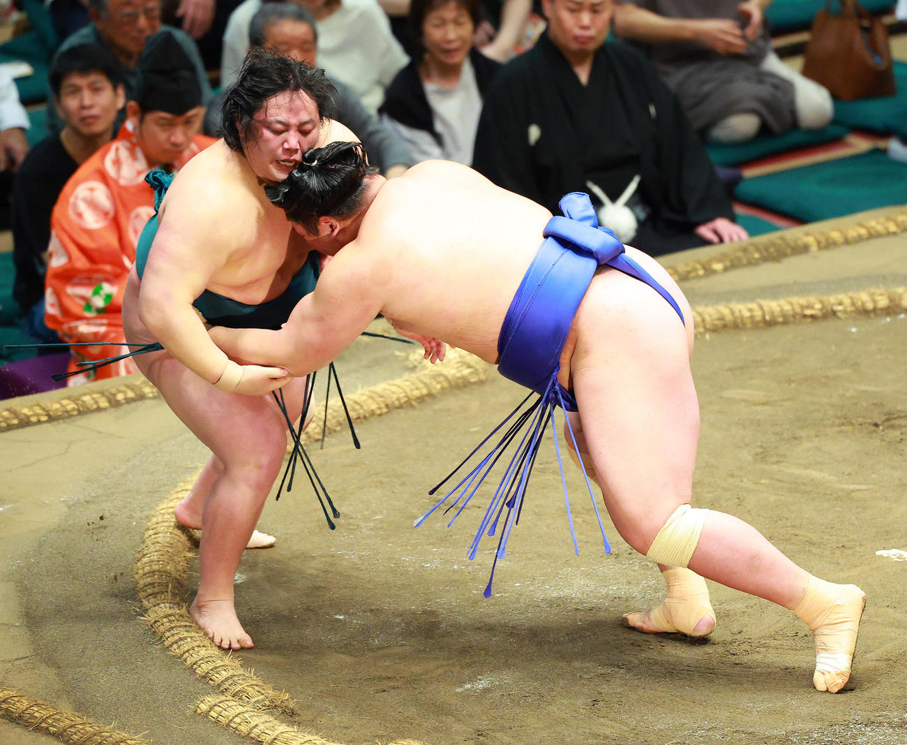 三田（左）を寄り切りで破る欧勝海（撮影・中島郁夫）