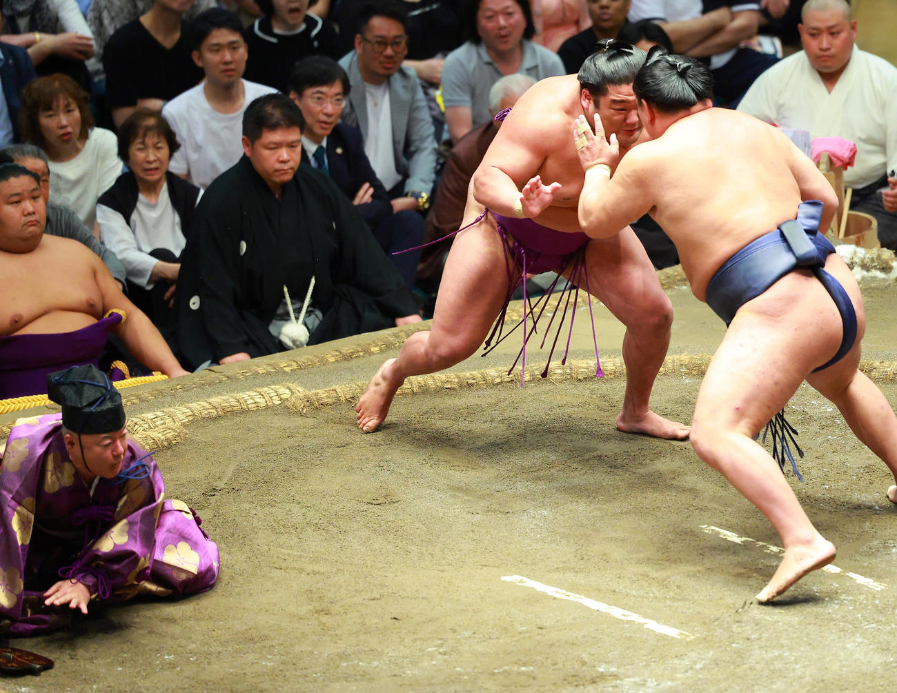 豊昇龍（右）と尊富士（中央）の取組中に転倒する行司の木村庄之助（撮影・中島郁夫）