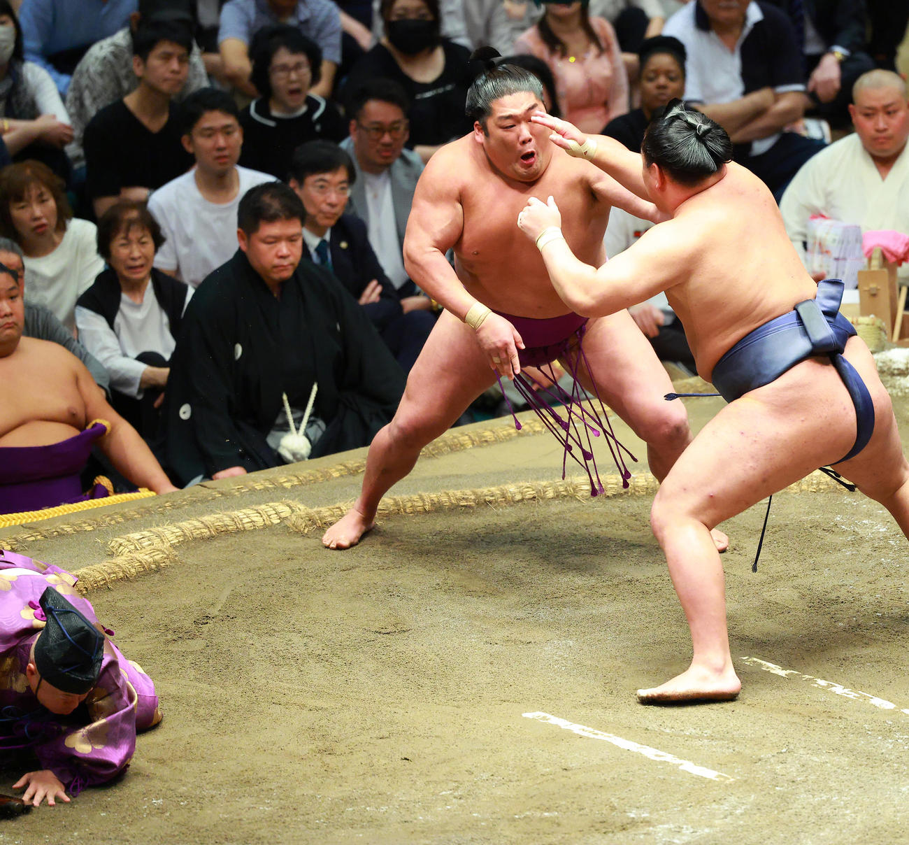 豊昇龍（右）と尊富士（中央）の取組中に転倒する行司の木村庄之助（撮影・中島郁夫）