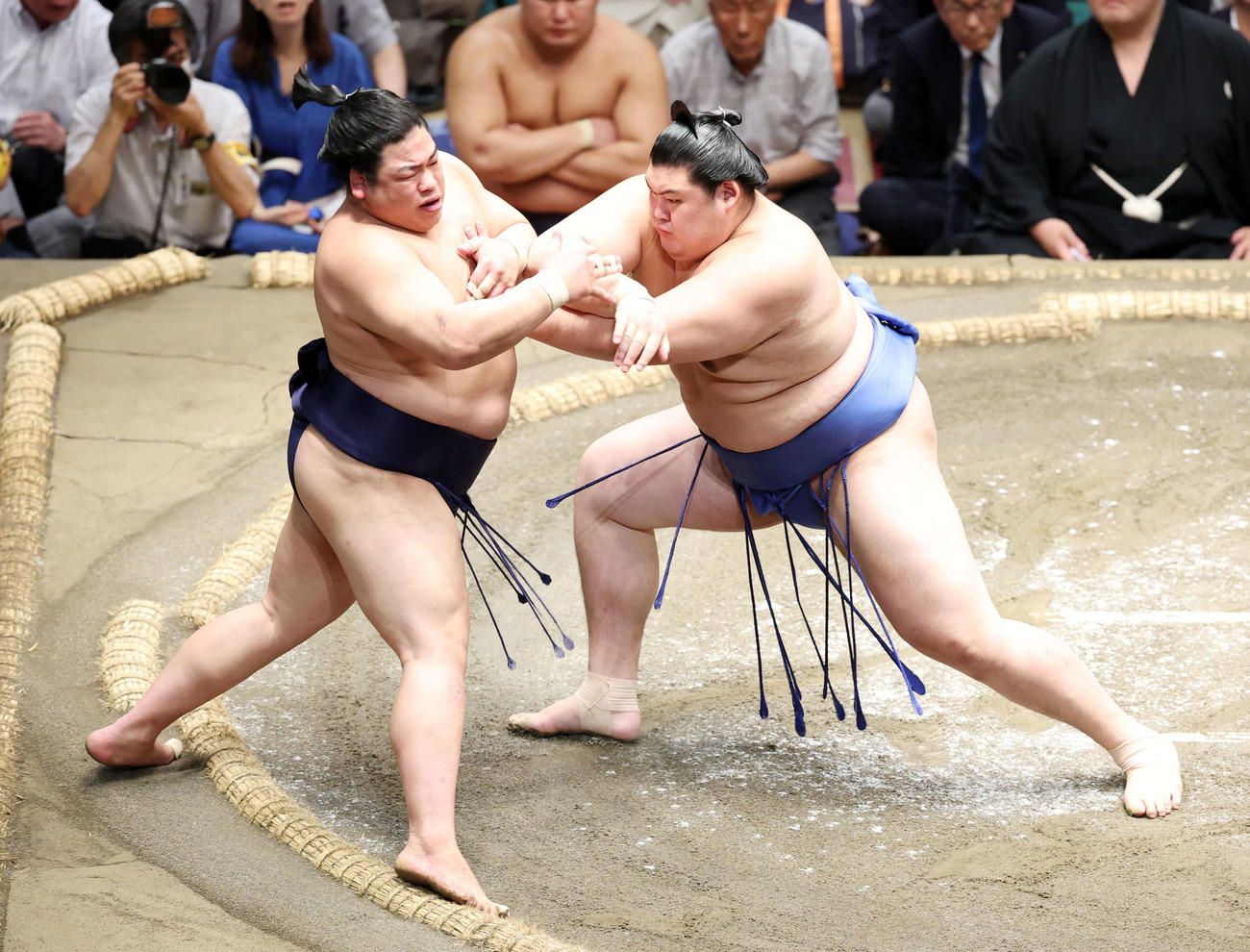平戸海（左）を押し出しで破る大の里（撮影・鈴木正人）