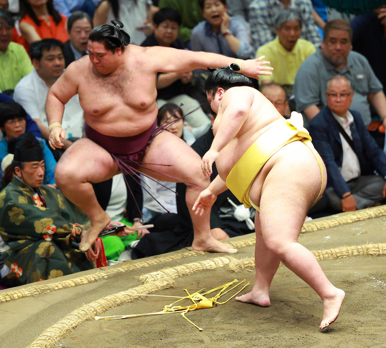6日目、狼雅（左）を押し出しで破る嘉陽