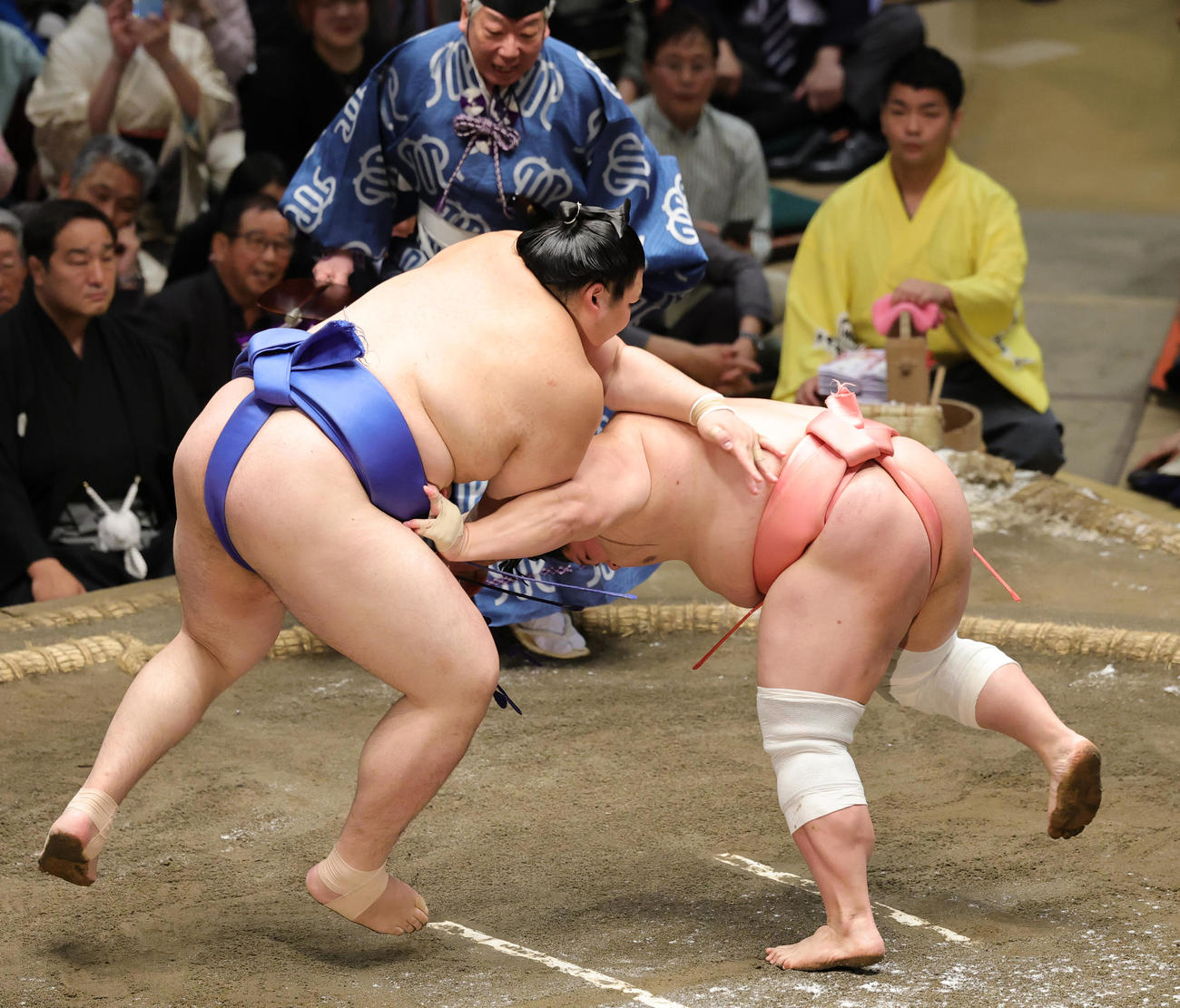 宇良（左）を送り出しで破った大の里（撮影・野上伸悟）
