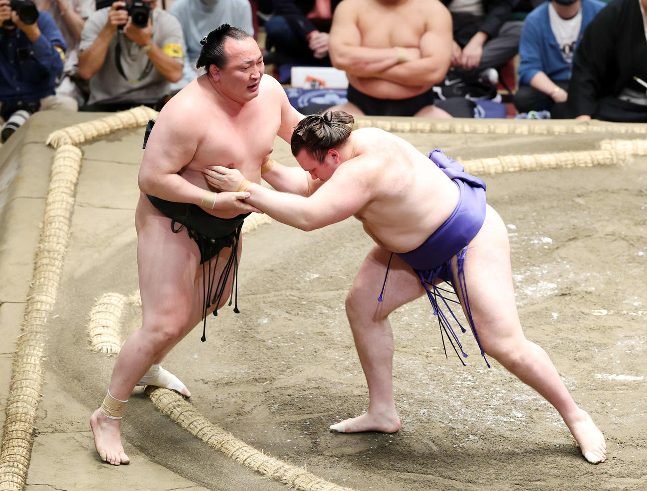 千代翔馬（左）を押し出しで破る安青錦（撮影・鈴木正人）