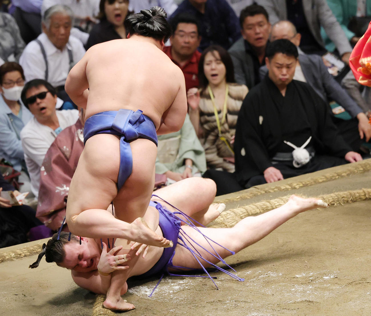 安青錦（右）をかたすかしで破る若隆景（撮影・野上伸悟）