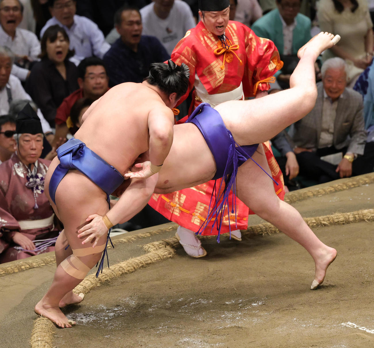 安青錦（右）をかたすかしで破る若隆景（撮影・野上伸悟）