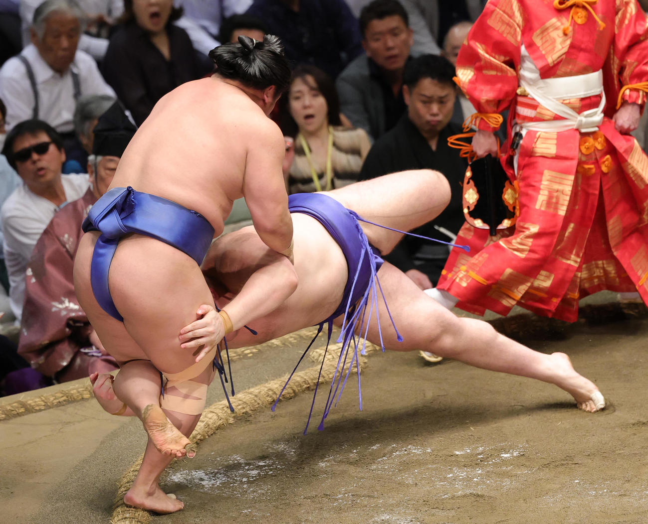 安青錦（右）をかたすかしで破る若隆景（撮影・野上伸悟）