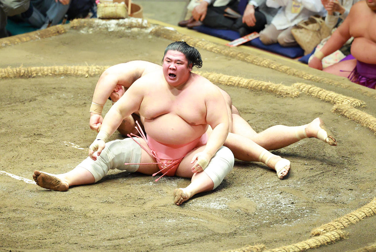 高安（左）を伝え反りで破った宇良（2025年5月21日撮影）