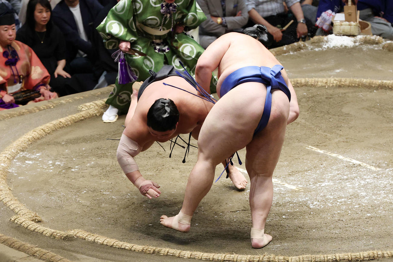 はたき込みで伯桜鵬（左）を破る大の里（撮影・宮地輝）