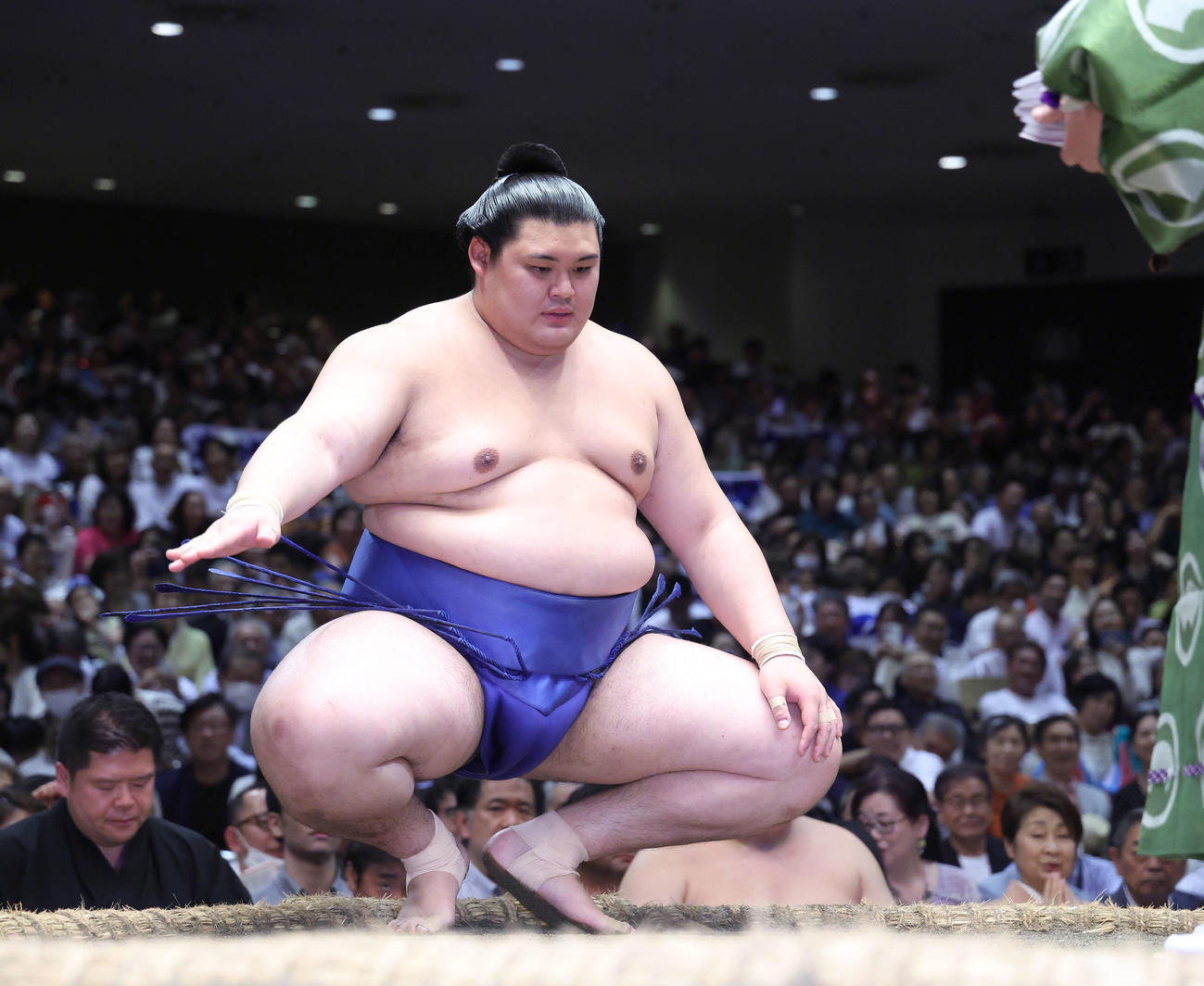 伯桜鵬をはたき込みで破り、勝ち名乗りを受ける大の里（撮影・河田真司）
