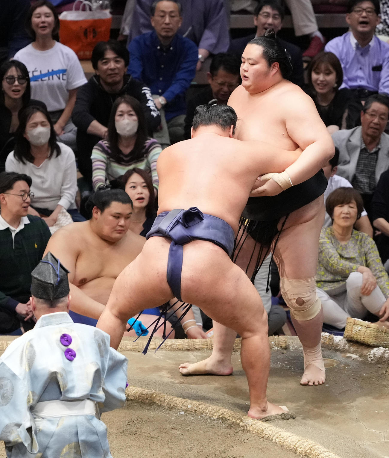 豊昇龍は琴桜（右）を寄り切りで下す。左は土俵下控えの大の里（撮影・小沢裕）