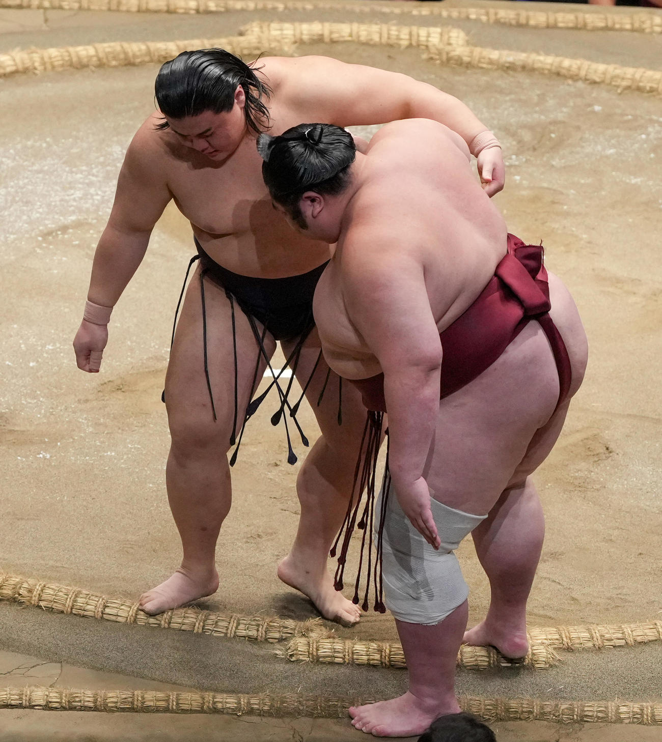 草野（左）は剣翔を寄り切りで破り十両優勝を決める（撮影・小沢裕）