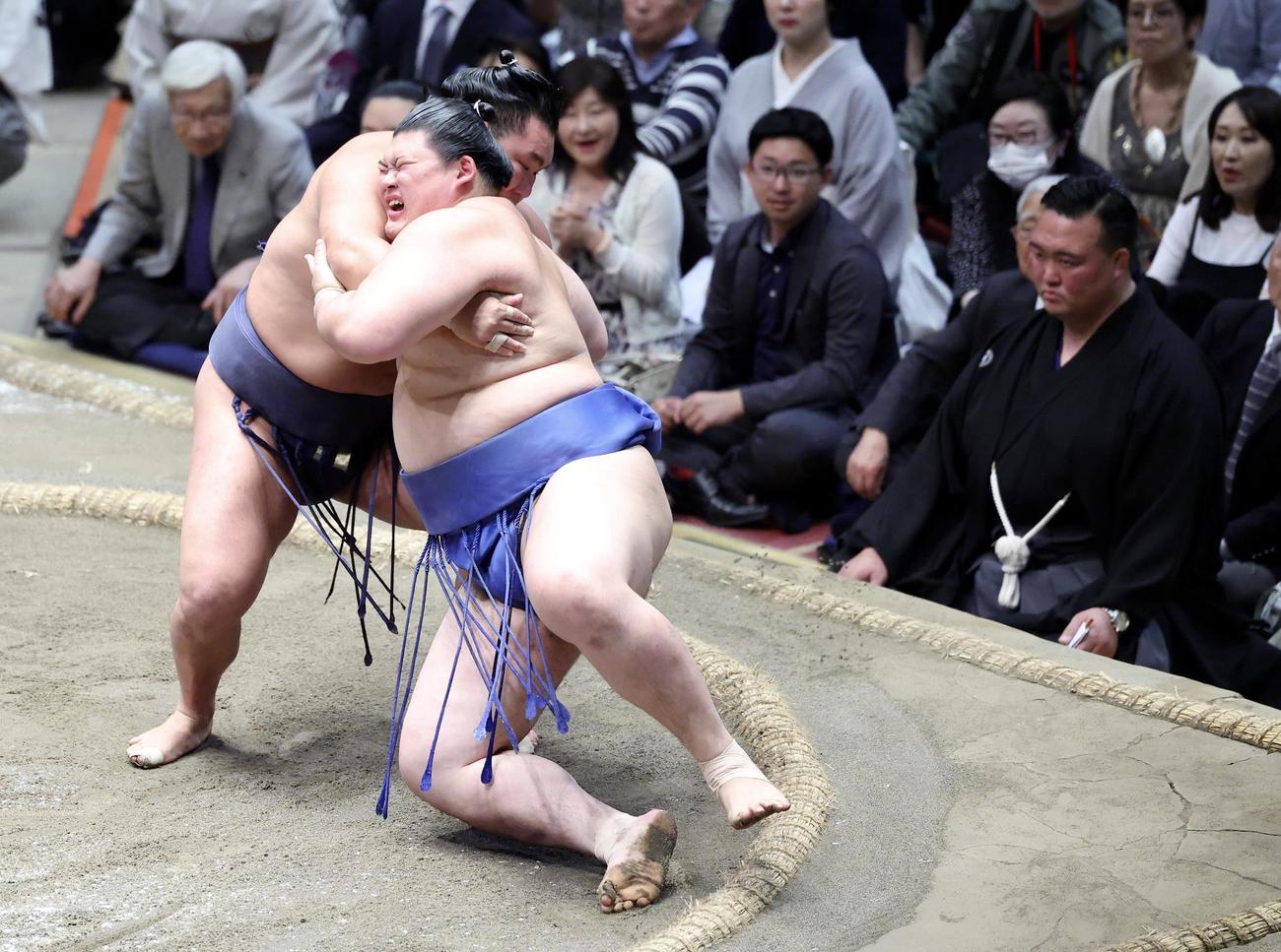 豊昇龍（左）に上手捻りで敗れる大の里。土俵下右は二所ノ関親方（撮影・河田真司）