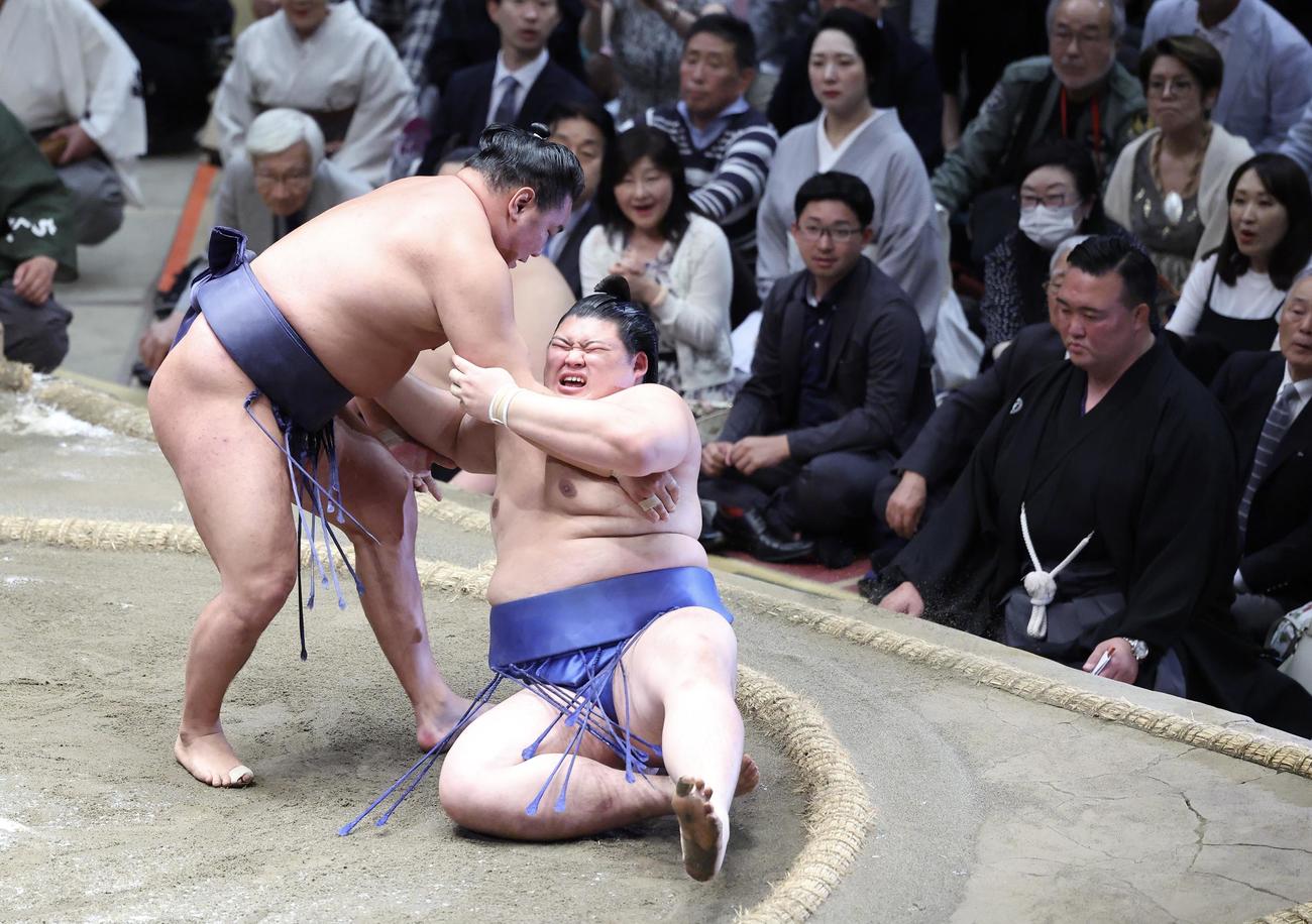 豊昇龍（左）は大の里を上手捻りで破る。土俵下右は二所ノ関親方（撮影・河田真司）