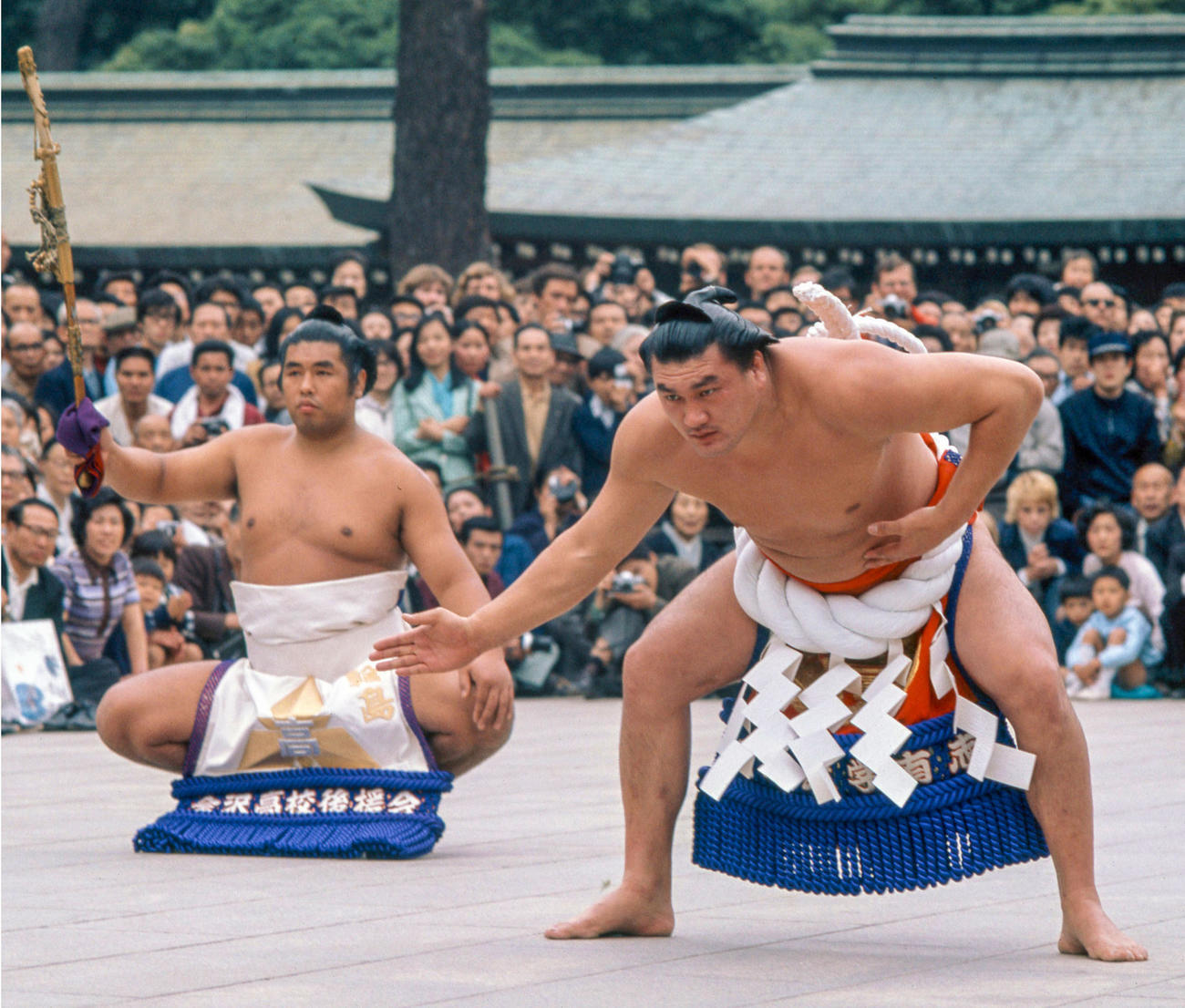 1973年6月、明治神宮で奉納土俵入りを披露する横綱輪島（共同）