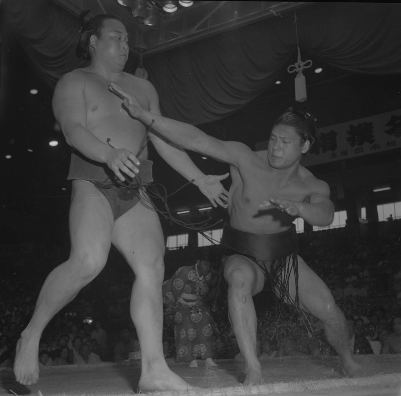 69年名古屋場所、照桜を押し出す増位山（右）（1969年7月）