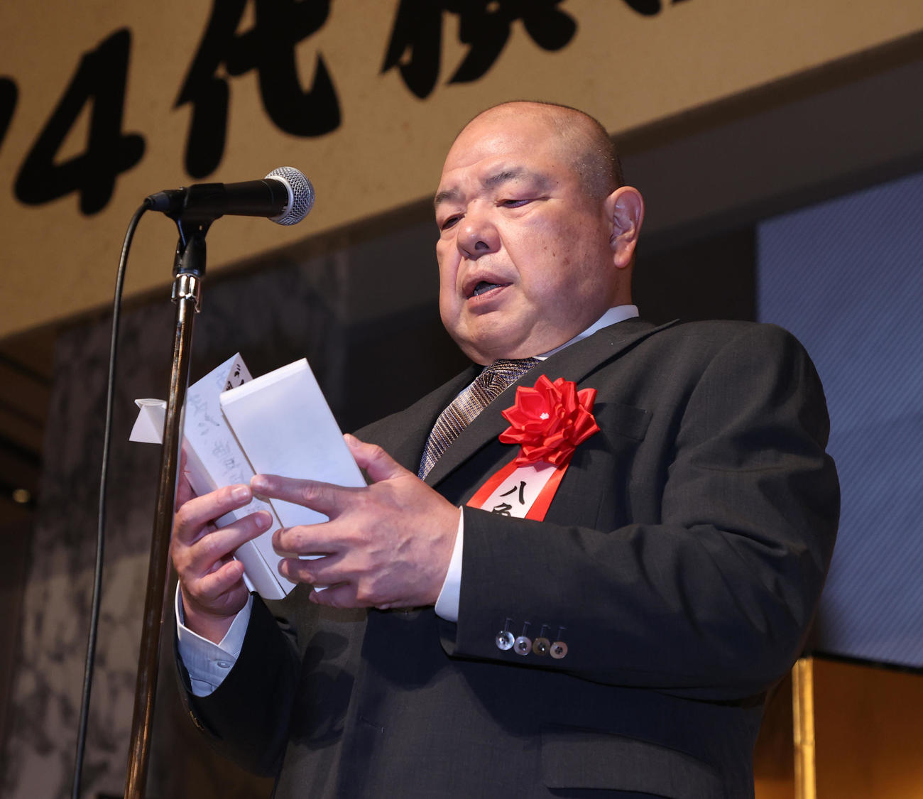 あいさつする日本相撲協会の八角理事長（代表撮影）