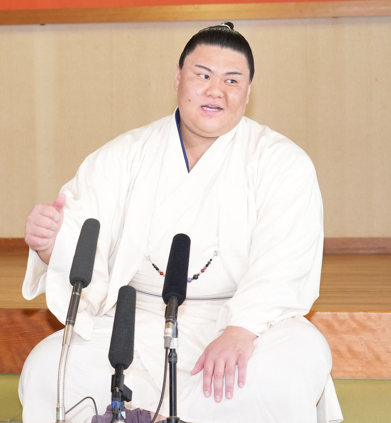 番付発表会見をする草野（撮影・森本幸一）