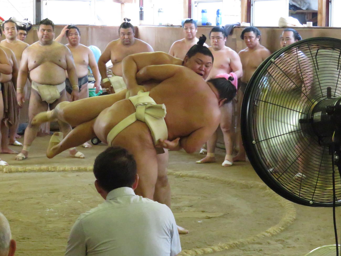 横綱同士で異例の三番稽古が行われ、大の里（手前から2人目）は豊昇龍（手前）に一矢報いた