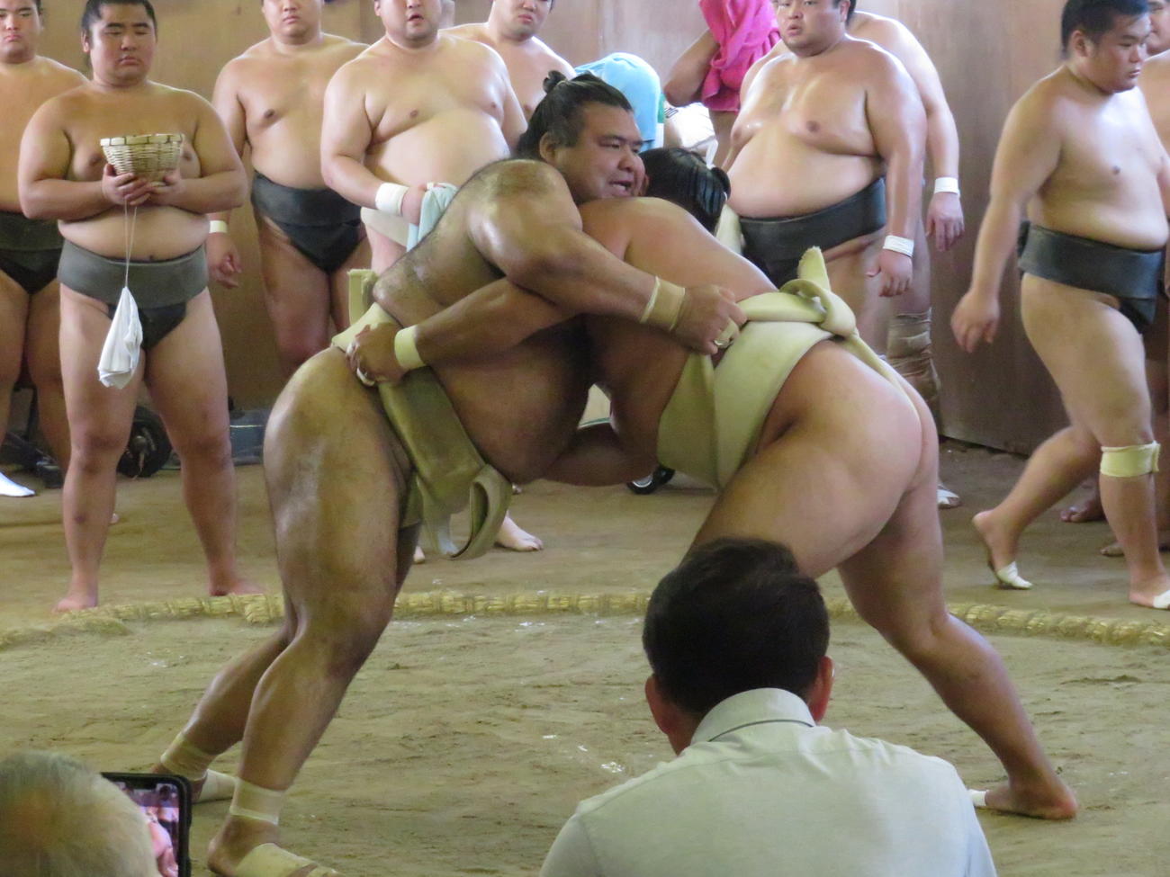 出稽古に来た高安（手前左）は、横綱以外とは10番取って全勝だった。手前右は霧島