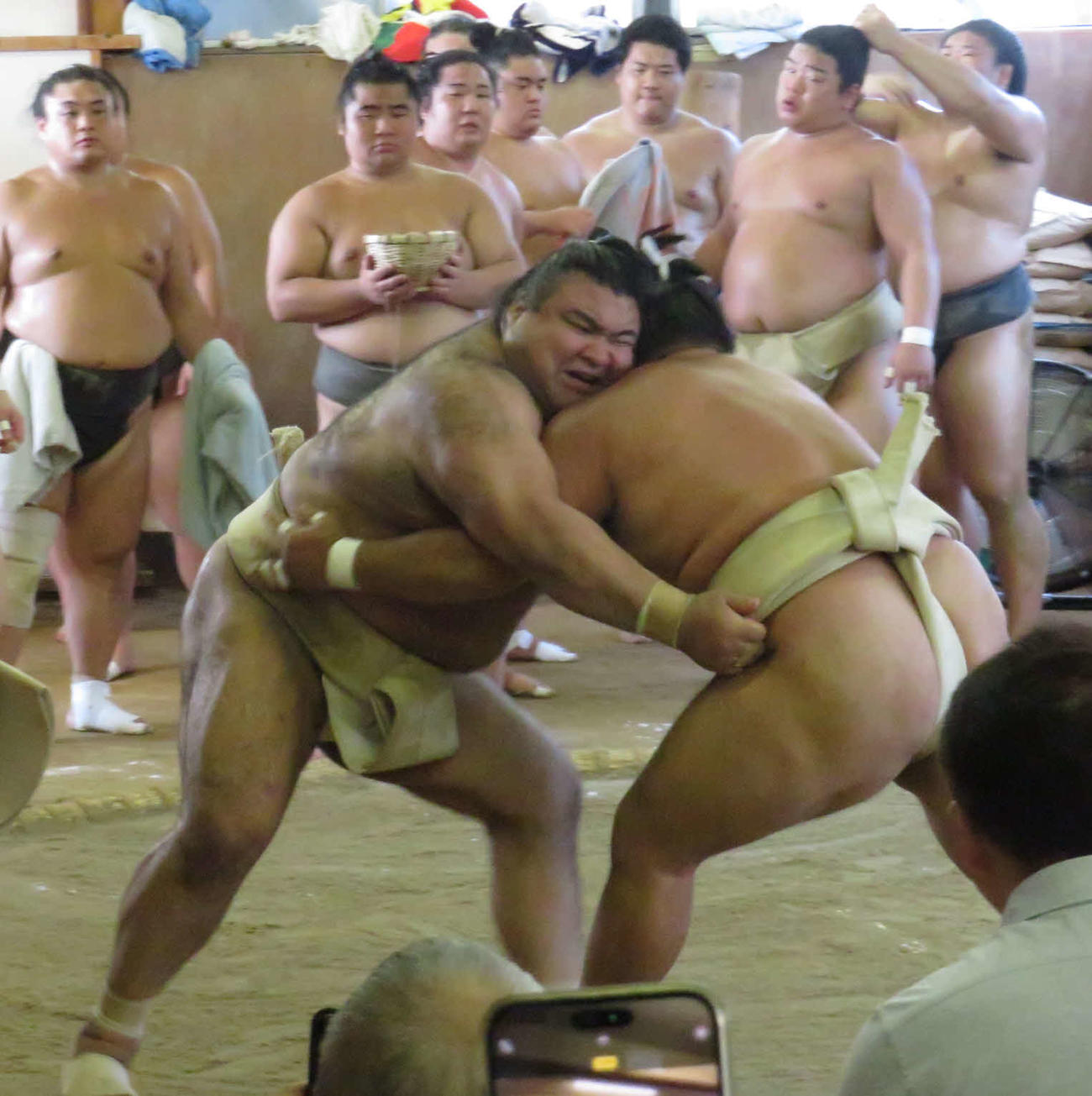 出稽古に来た高安（手前左）は、横綱以外とは10番取って全勝だった。手前右は霧島