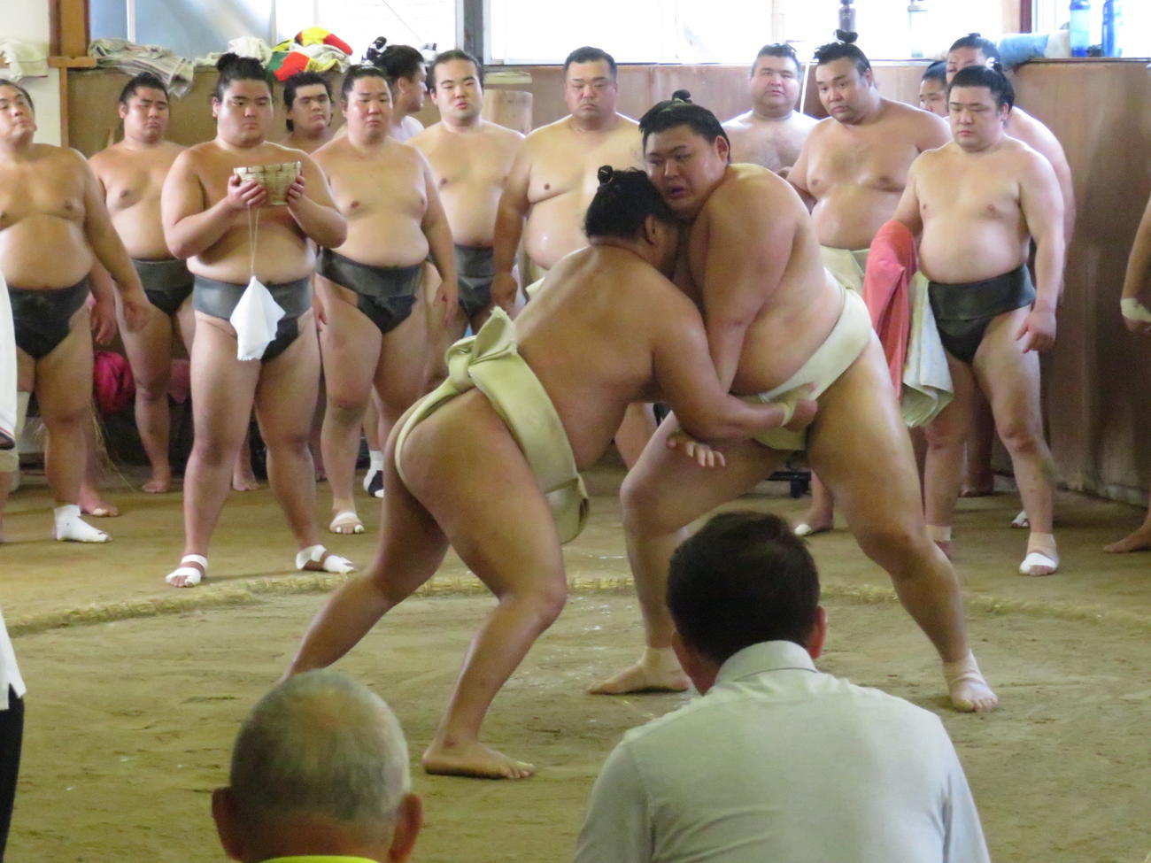 横綱同士で異例の三番稽古が行われ、豊昇龍（中央左）は大の里（同右）に3勝1敗と勝ち越した