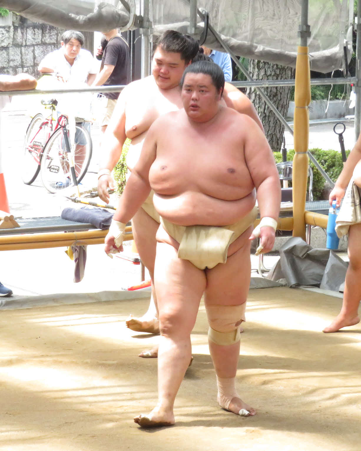 出稽古に来た王鵬（手前から2人目）に大きく勝ち越した琴桜