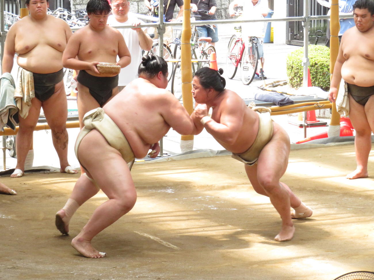 兄弟子の琴桜（左）に、まるで殴りかかっているように見えるほど、立ち合いから激しくぶつかる琴栄峰