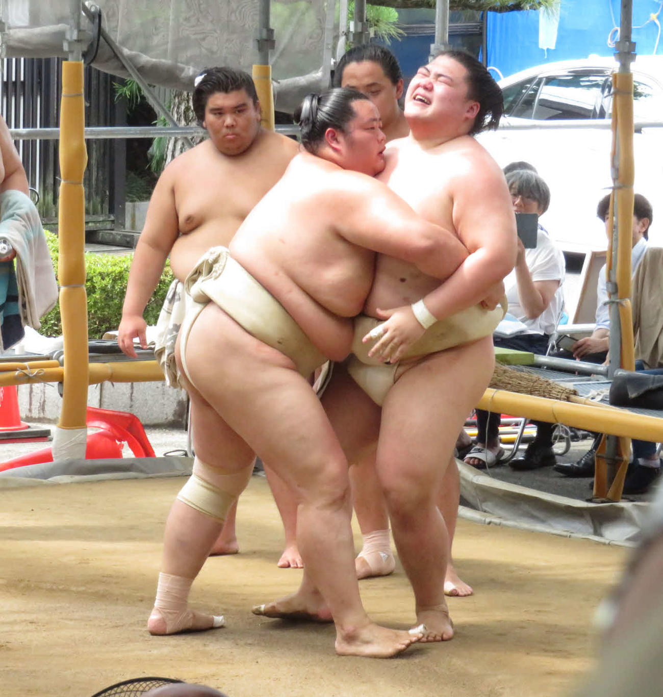 出稽古に来た王鵬（手前右）を寄り切った琴桜