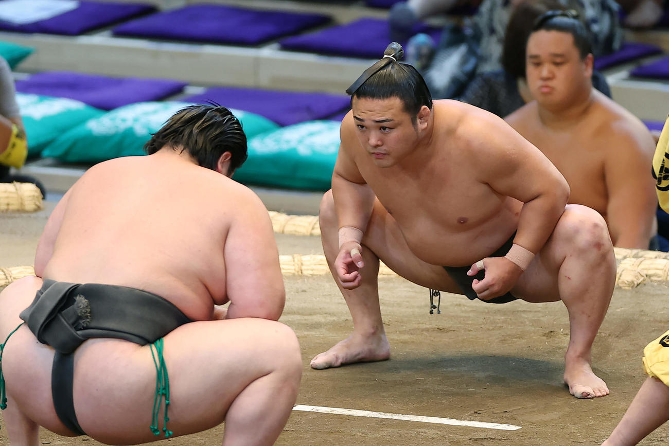 福崎（左）との一番に臨む炎鵬（撮影・前田充）