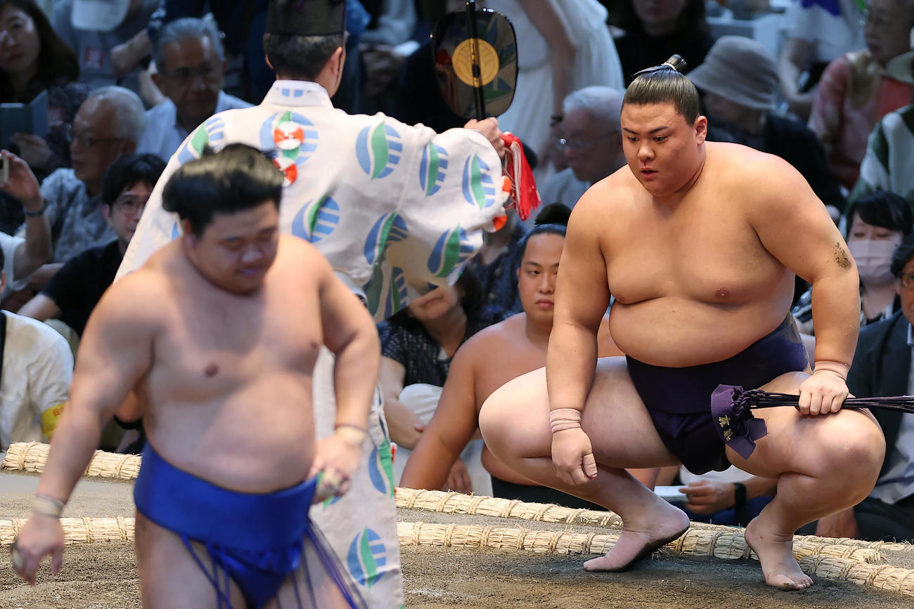 藤ノ川（左）を突き落としで破った草野（撮影・前田充）