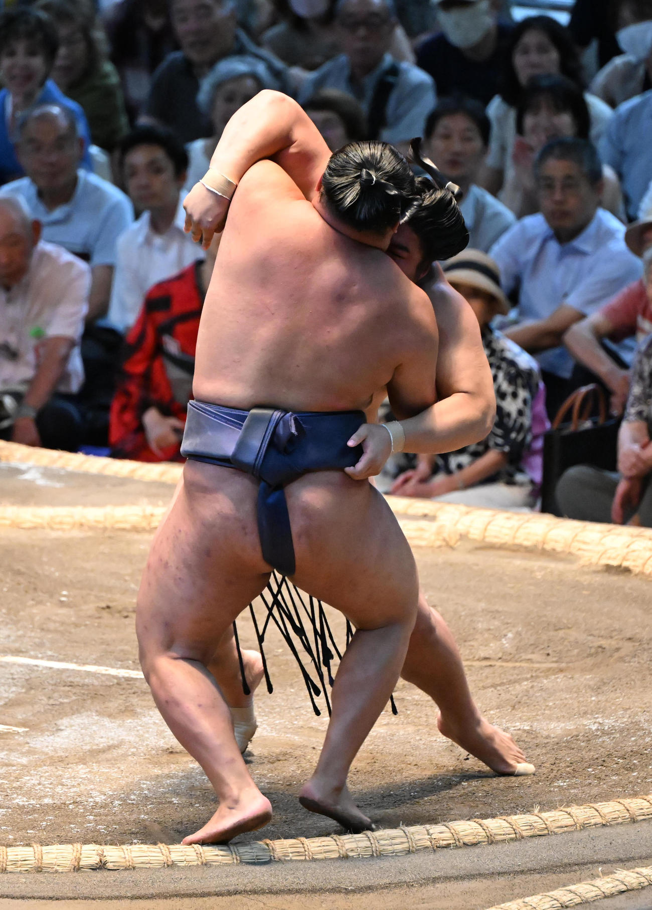 豊昇龍（手前）を寄り切りで破る若元春（撮影・和賀正仁）