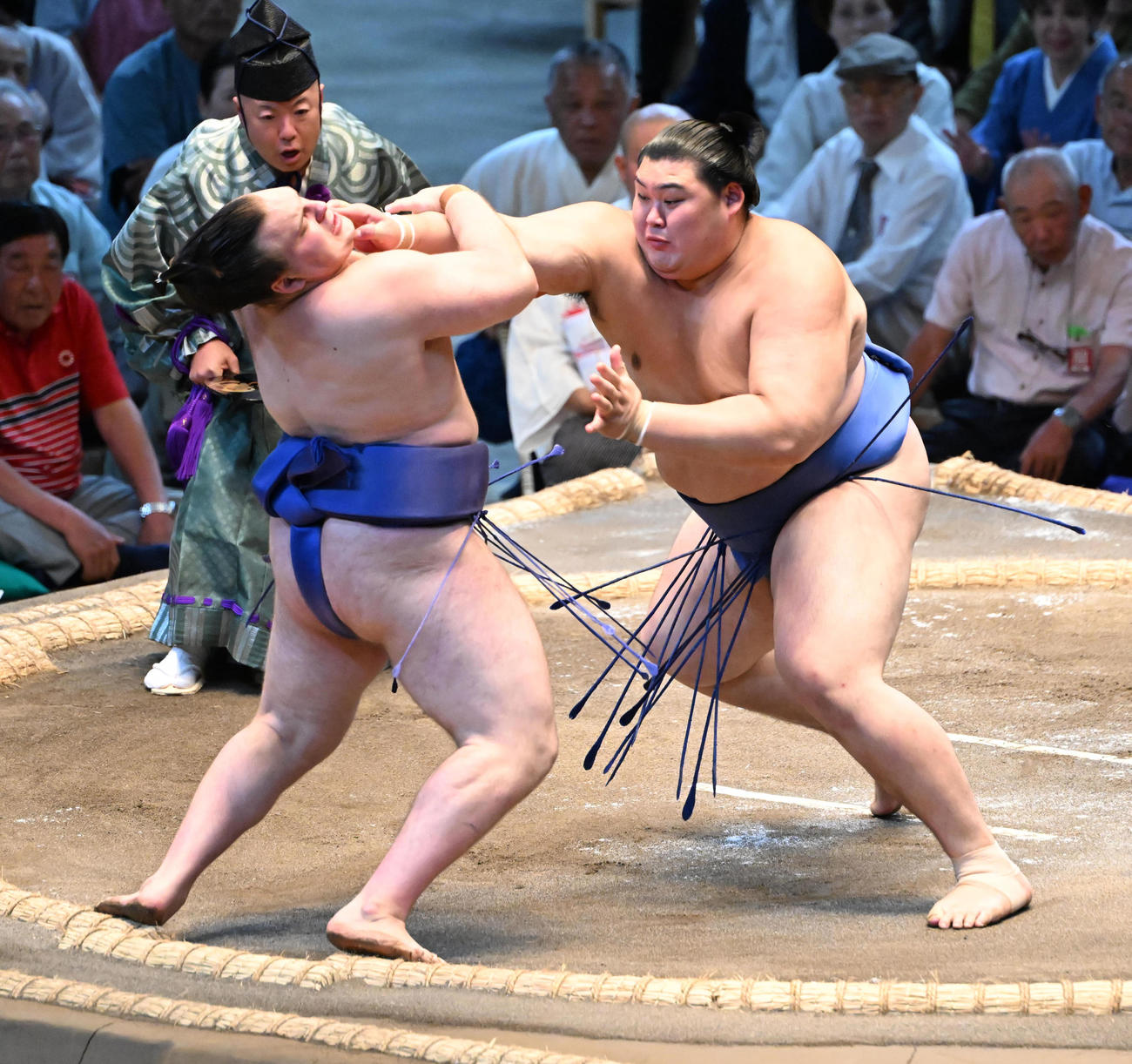 安青錦（左）を押し出しで破る大の里（撮影・和賀正仁）