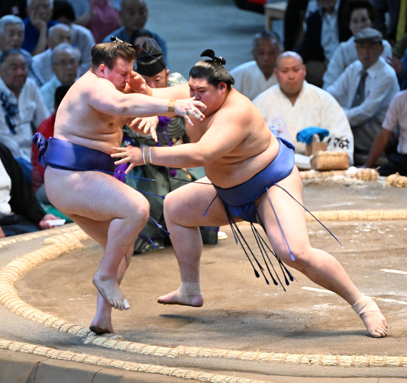 安青錦（左）を押し出しで破る大の里（撮影・和賀正仁）