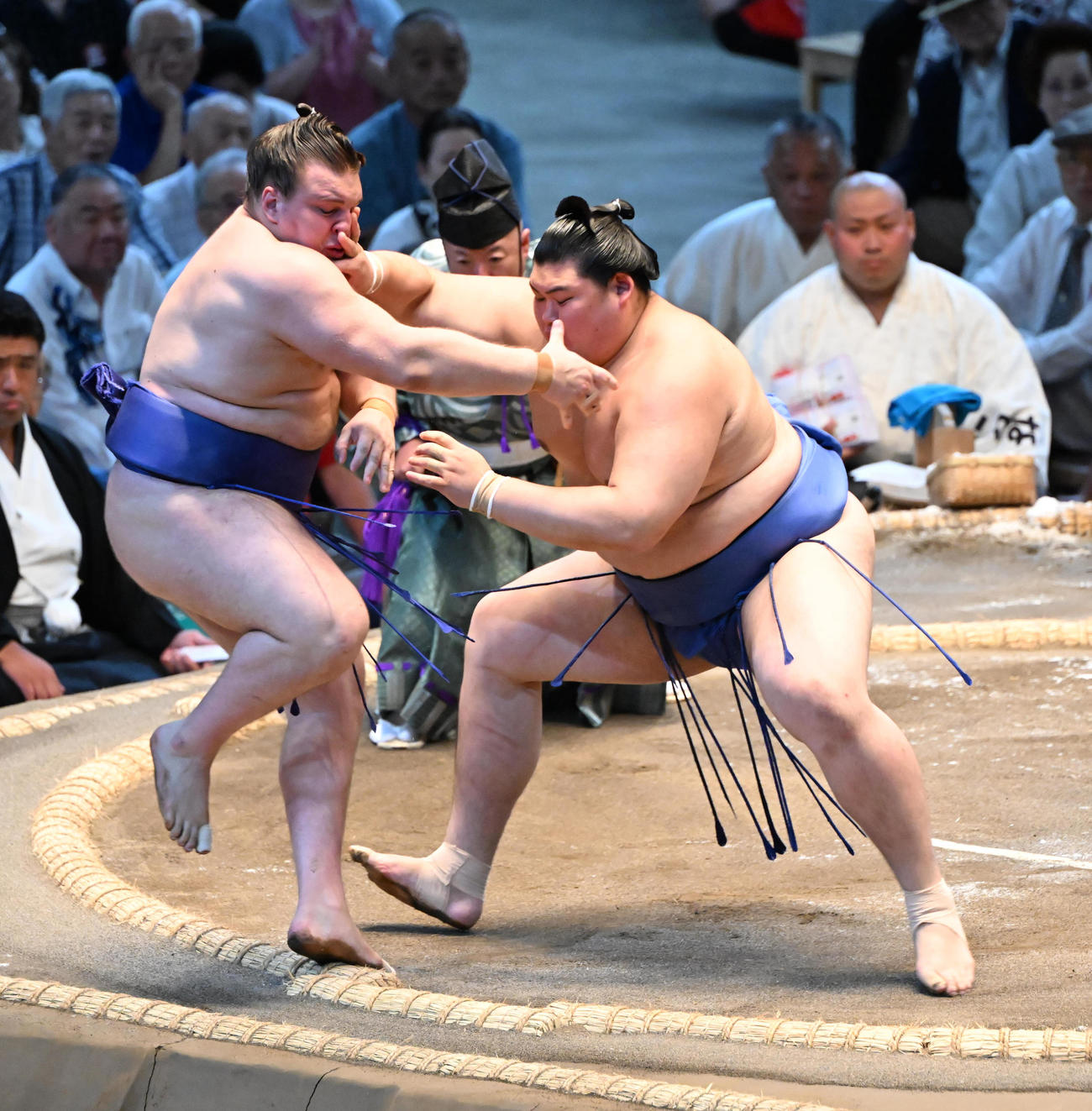 安青錦（左）を押し出しで破る大の里（撮影・和賀正仁）