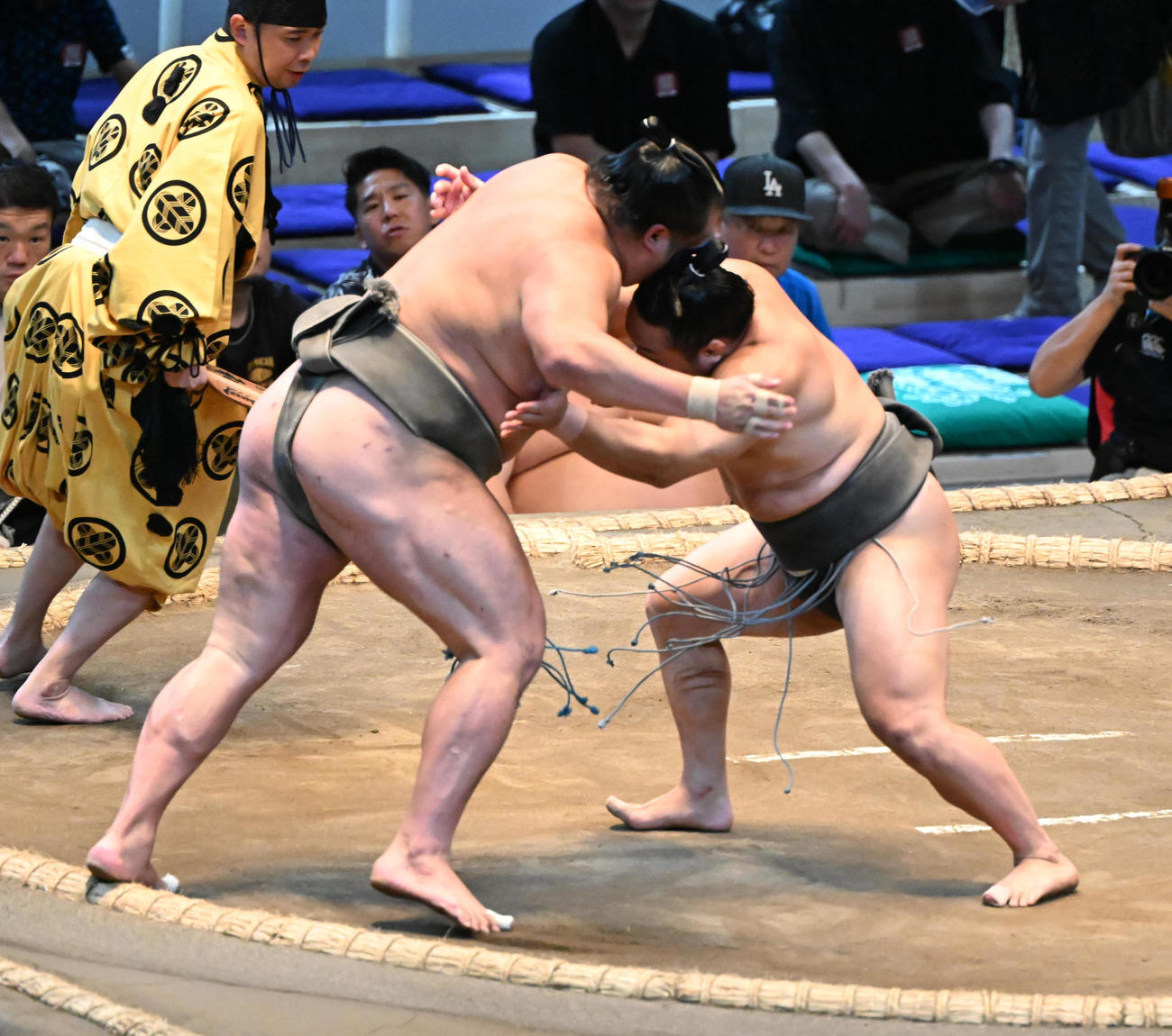 浜豊（左）を寄り切りで破る炎鵬（撮影・和賀正仁）