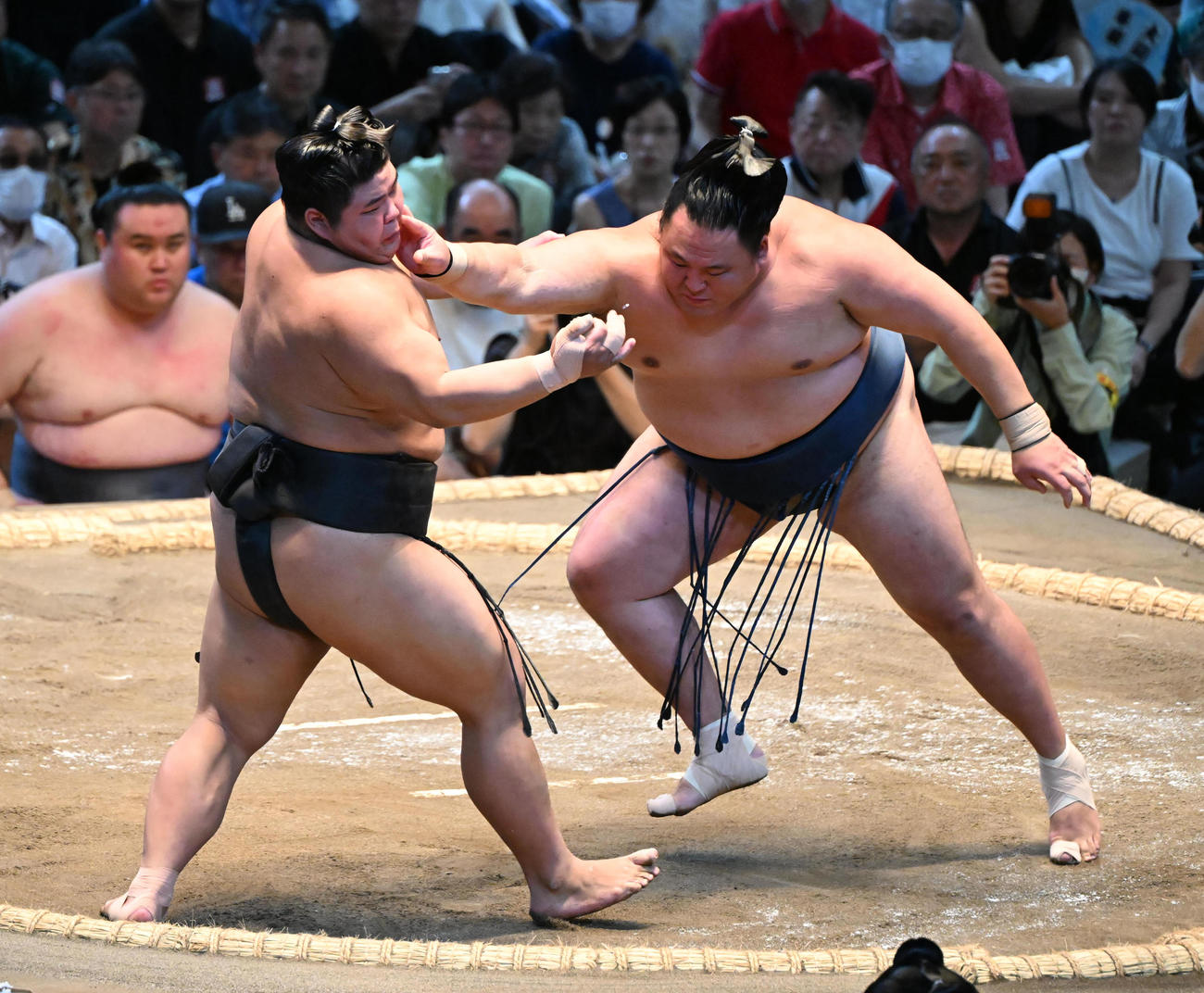 伯桜鵬（左）を押し出しで破る玉鷲（撮影・和賀正仁）